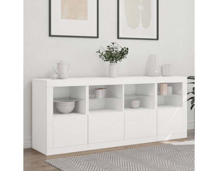 Sonata H Сайдборд с LED светлини, бял, 163x37x67 см
