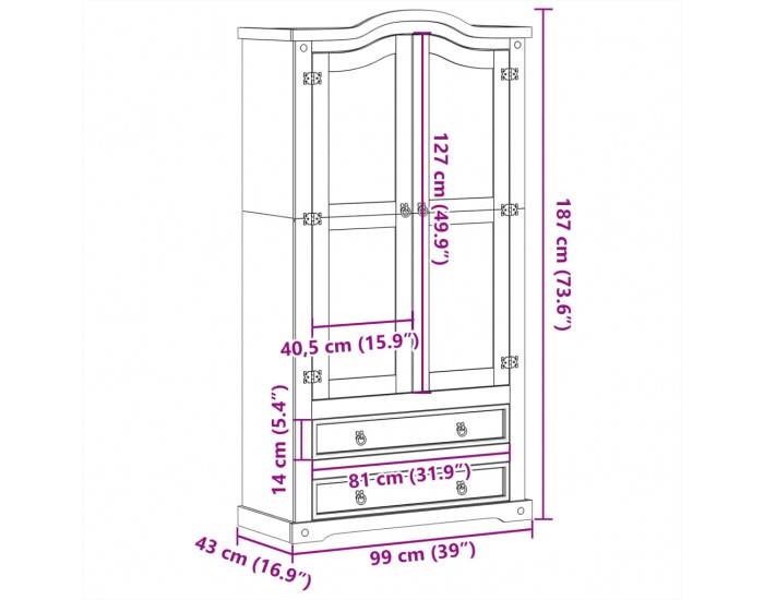 Sonata H Стъклен шкаф витрина Corona 99x43x187 см бор масив