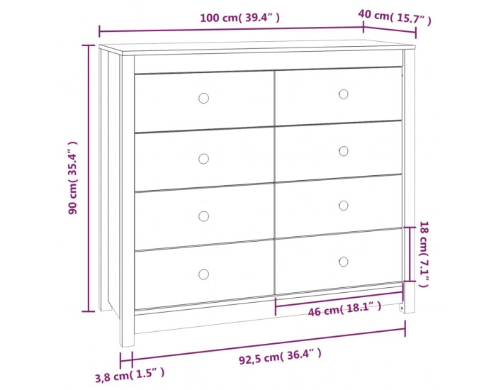 Sonata H Страничен шкаф бял 100x40x90 см борово дърво масив