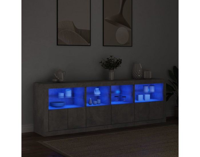 Sonata H Сайдборд с LED светлини, бетонно сив, 202x37x67 см