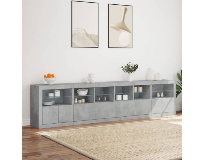 Sonata H Сайдборд с LED светлини, бетонно сив, 283x37x67 см