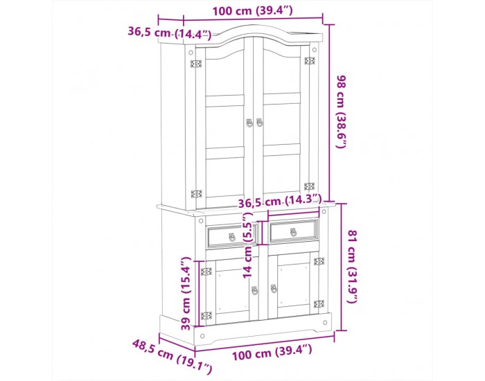 Sonata H Стъклен шкаф витрина Corona 100x48,5x179 см бор масив