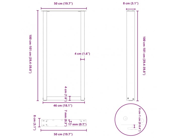 Sonata H Крака за холна маса U-образна 2 бр черни 50x(100-101)см стомана