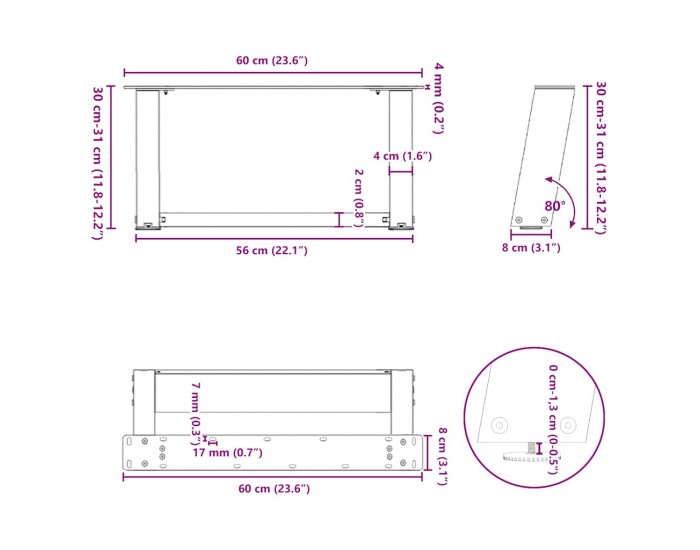 Sonata H Крака за холна маса с U-образна 2 бр черни 60x(30-31)см стомана