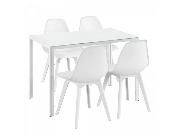 Трапезна маса Stathelle 105x60x75 см бял стъклен плот 4 стола бели