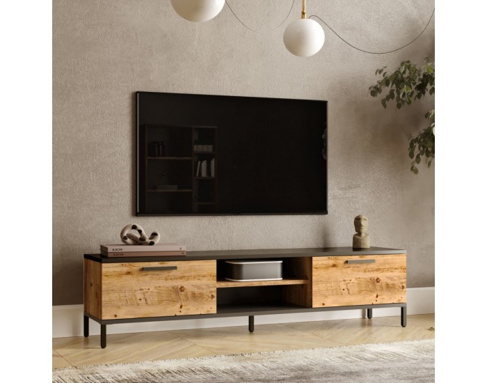 Стойка за телевизор Lempäälä с 2 отделения за съхранение 160 x 35 x 39 cm рустик дъб/антрацит []