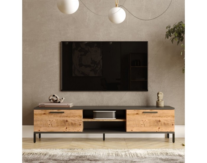 Стойка за телевизор Lempäälä с 2 отделения за съхранение 160 x 35 x 39 cm рустик дъб/антрацит []
