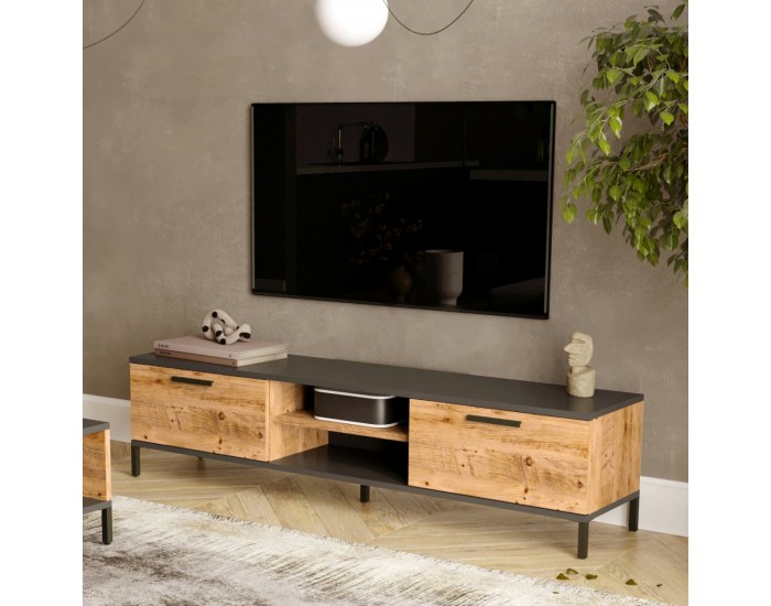 Стойка за телевизор Lempäälä с 2 отделения за съхранение 160 x 35 x 39 cm рустик дъб/антрацит []