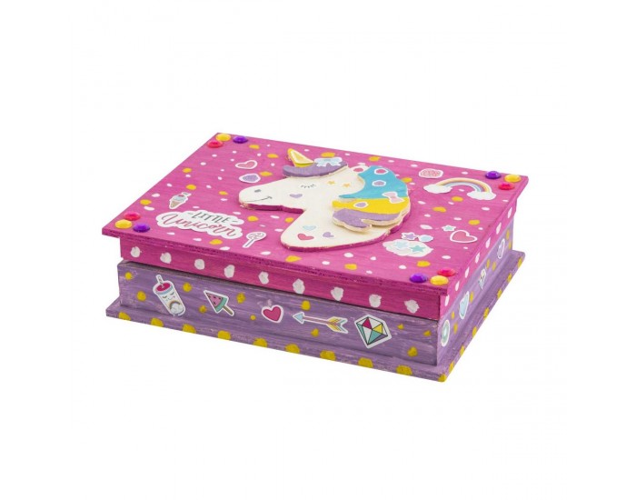 Moxy Кутия за бижута Еднорог, дървена, със стикери и 6 бои