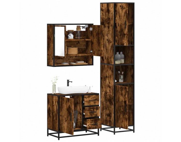 Sonata Set mobilier de baie, 3 piese, stejar fumuriu, lemn prelucrat