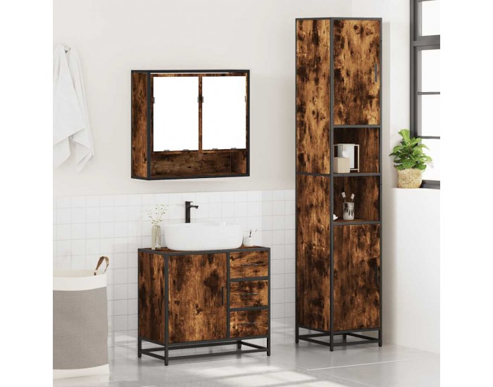 Sonata Set mobilier de baie, 3 piese, stejar fumuriu, lemn prelucrat