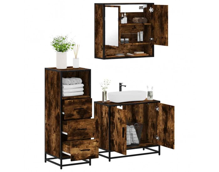 Sonata Set mobilier de baie, 3 piese, stejar fumuriu, lemn prelucrat