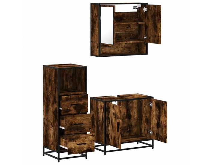 Sonata Set mobilier de baie, 3 piese, stejar fumuriu, lemn prelucrat