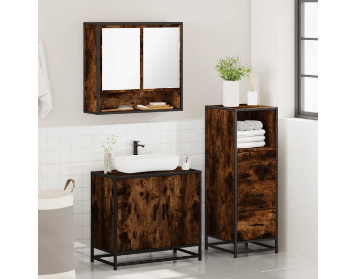 Sonata Set mobilier de baie, 3 piese, stejar fumuriu, lemn prelucrat