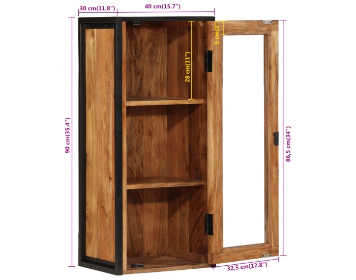 Sonata H Стенен шкаф за баня 40x30x90 см масивно акациево дърво и желязо