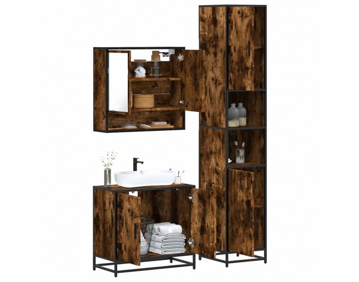 Sonata Set mobilier de baie, 3 piese, stejar fumuriu, lemn prelucrat