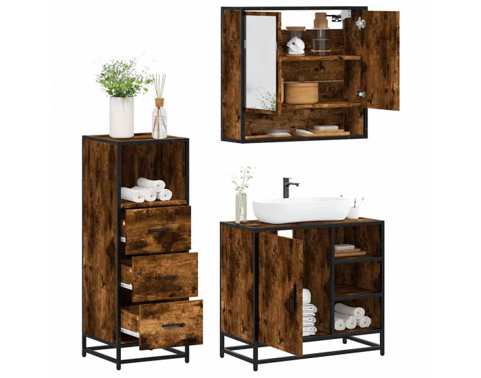 Sonata Set mobilier de baie, 3 piese, stejar fumuriu, lemn prelucrat