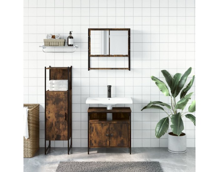 Sonata Set mobilier de baie, 3 piese, stejar fumuriu, lemn prelucrat