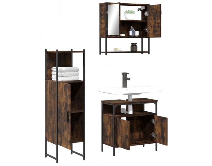 Sonata Set mobilier de baie, 3 piese, stejar fumuriu, lemn prelucrat