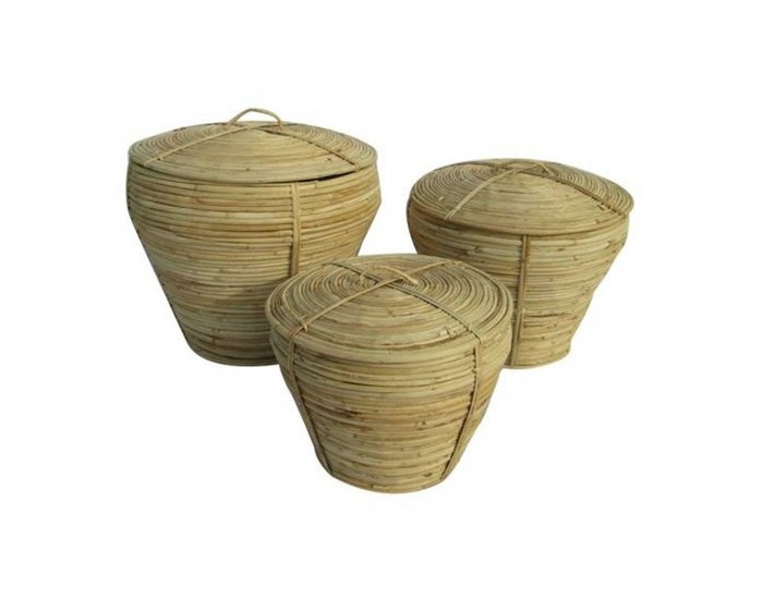 Игра на Кошници DKD Home Decor С капак Естествен Pатан Тропически (3 Части) (35 x 35 x 30 cm)