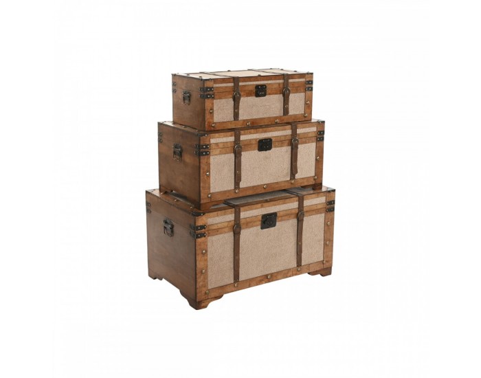 Комплект сандъци Home ESPRIT Кафяв Бежов полиестер Дървен 80 x 49 x 45 cm (3 броя)