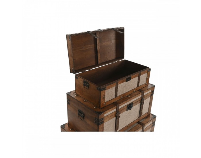 Комплект сандъци Home ESPRIT Кафяв Бежов полиестер Дървен 80 x 49 x 45 cm (3 броя)