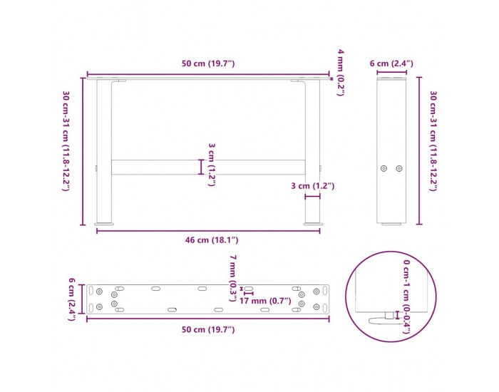 Sonata H Крака за масичка за кафе антрацит 2 бр. 50x(30-31) см стомана