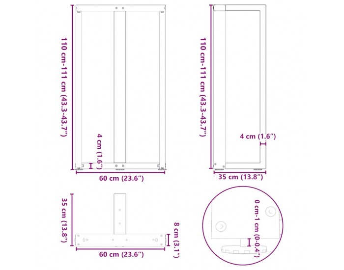 Sonata H Крака за бар маса T-образна 2 бр. естествена 60x35x(110-111) см
