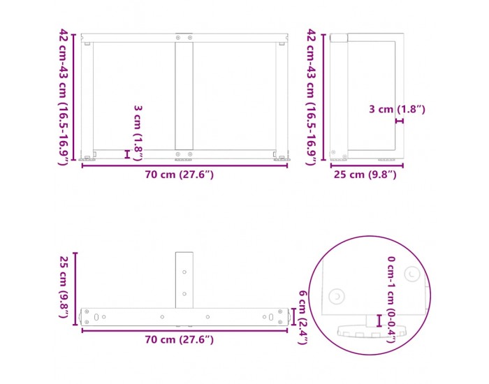Sonata H Крака за холна маса T-образна 2 бр. естествена 70x25x(42-43) см