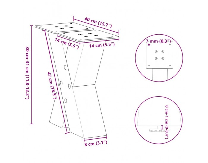 Sonata H Крака за холна маса X-образна 2 бр. естествена 40x(30-31) см