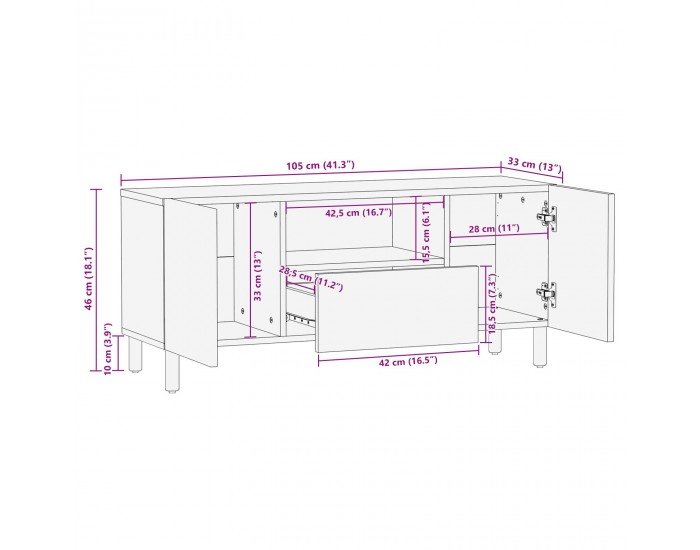 Sonata H ТВ шкаф 105x33,5x46 см от масивна акациева дървесина