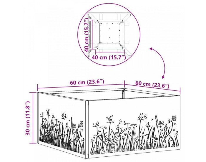 Sonata H Огнище Квадратно Черно 60x60x30 см Стомана