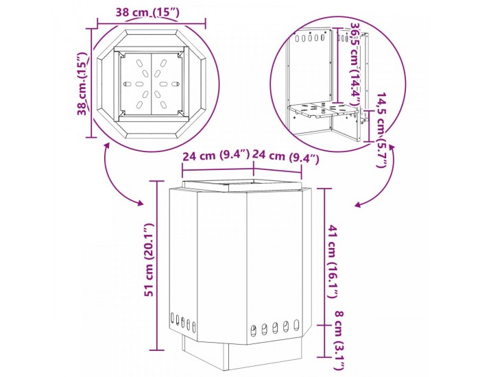 Sonata H Бездимно огнище 38x38x51 см от дъждоустойчив стоманен
