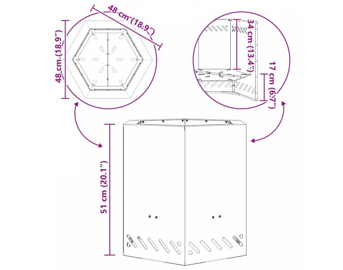 Sonata H Бездимно Огнище Шестоъгълно 48x48x51 см От Корутирана Стомана