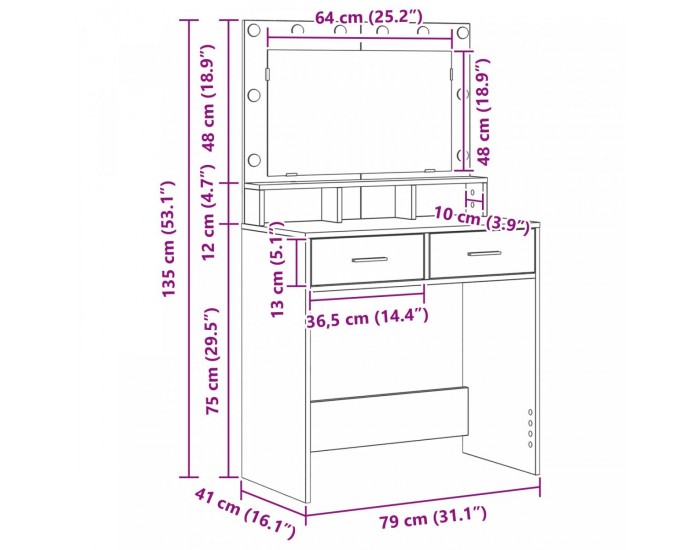 Sonata H Тоалетна маса с LED светлини, Бяло, 79x41x135 см