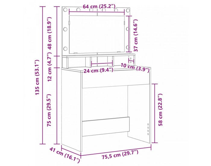 Sonata H Тоалетка с LED светлини - Занаятчийски дъб 79x41x135 см