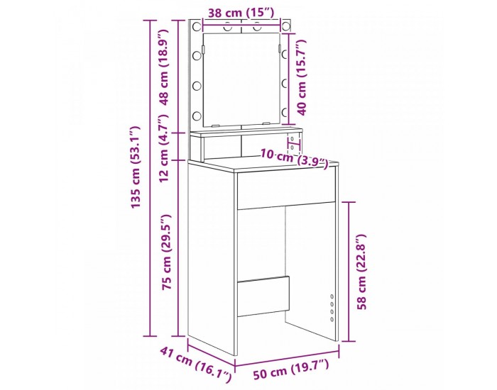 Sonata H Тоалетка с LED светлини, Светлосиво, 50x41x135 см