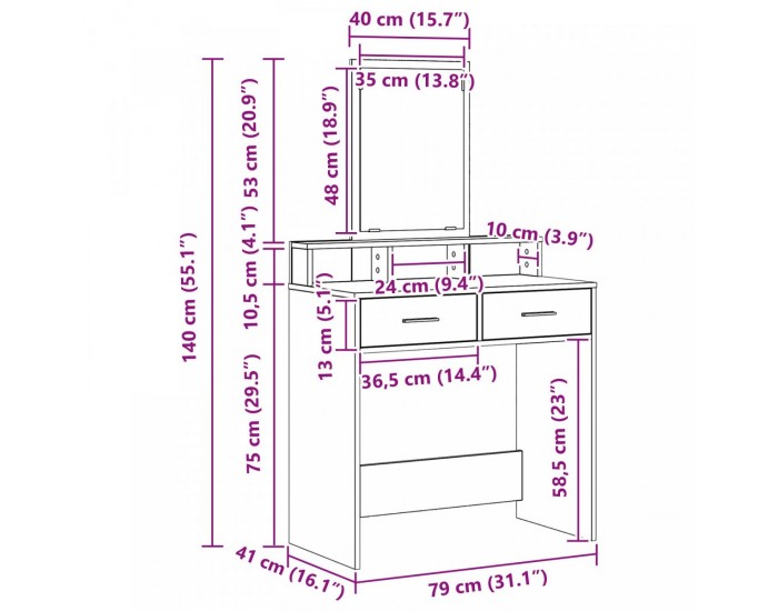 Sonata H Тоалетка с чекмеджета Дъб Сонома 79x41x140 см