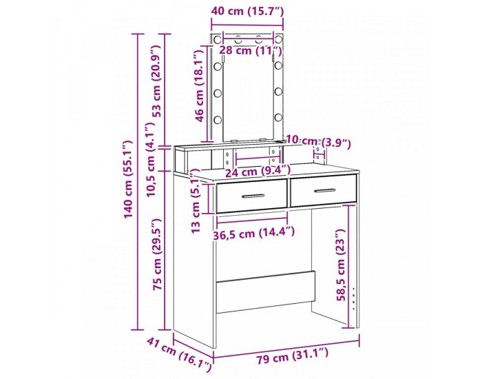Sonata H Тоалетка с LED светлини Сив Сонома 79x41x140 см