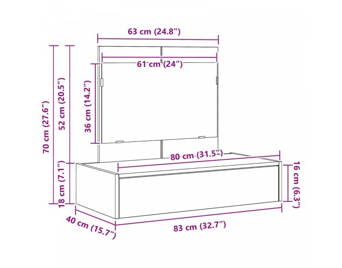 Sonata H Огледална маса за стена черен дъб 83x40x70 см