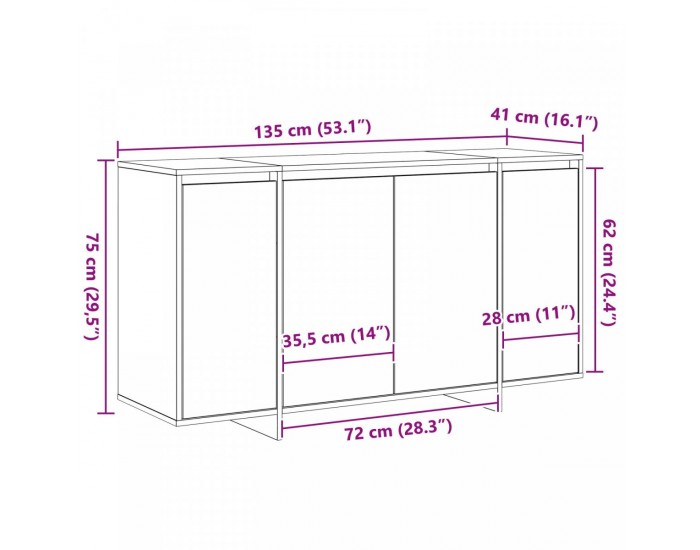 Sonata H Сив страничен шкаф Сив сонома Инженерна дървесина 135 x 41 x 75 см