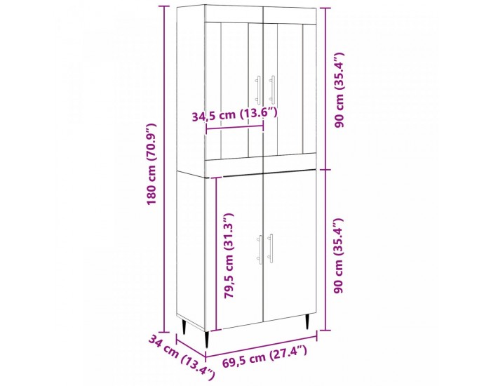 Sonata H Висок кабинет стара дървесина 69.5x34x180 см Инженерна дървесина