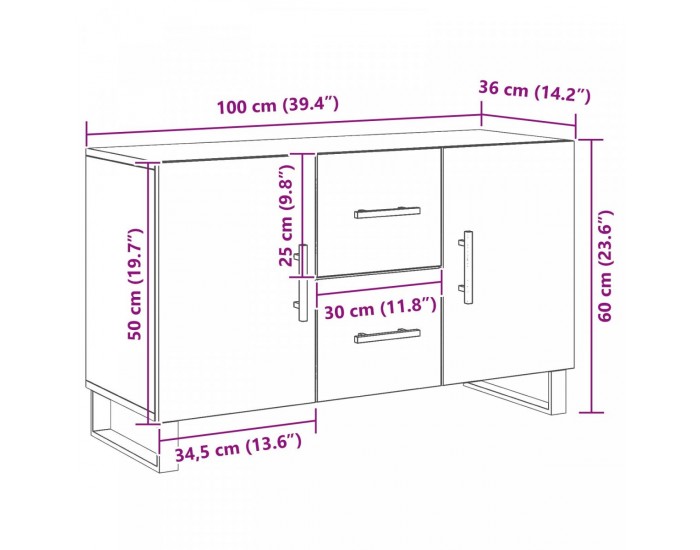 Sonata H Сайдборд Черен Дъб 100x36x60 см Инженерна Дървесина