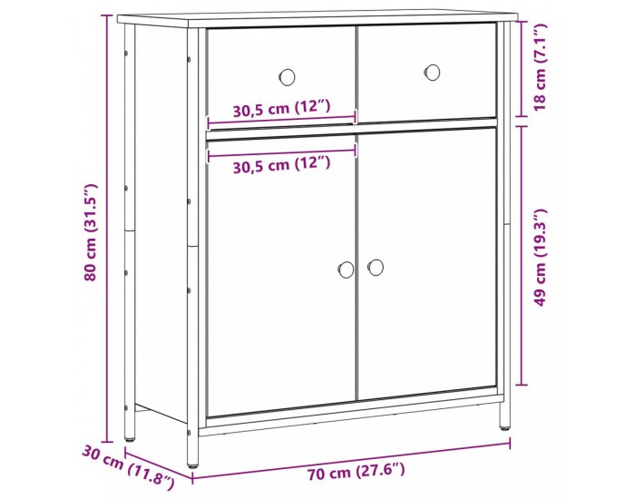Sonata H Страничен шкаф Черен Дъб 70x30x80 см Инженерна дървесина и стомана