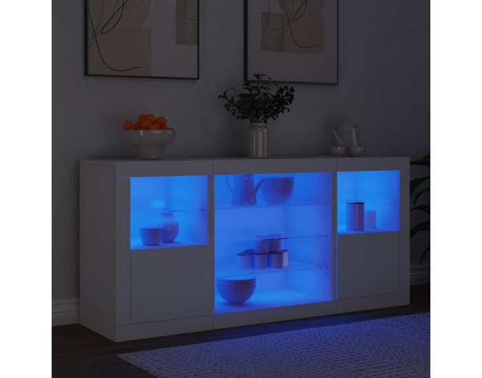 Sonata H Сайдборд с LED светлини, бял, 142,5x37x67 см