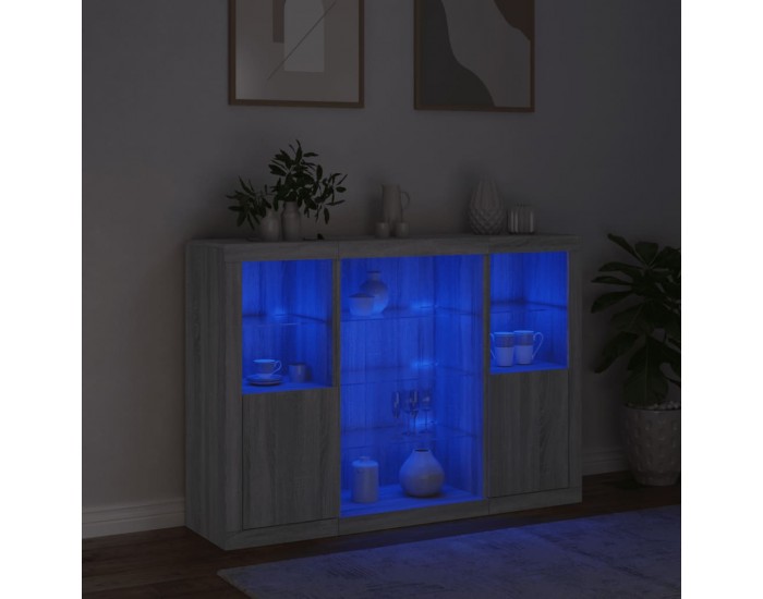 Sonata H Сайдборди с LED осветление, 3 бр, сив сонома, инженерно дърво