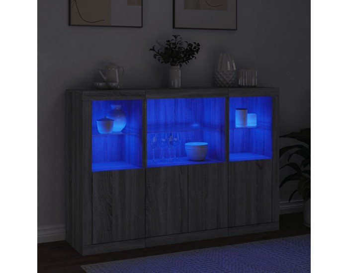 Sonata H Сайдборди с LED осветление, 3 бр, сив сонома, инженерно дърво