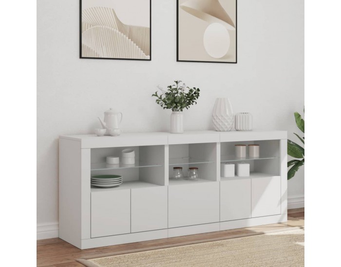 Sonata H Сайдборд с LED светлини, бял, 162x37x67 см