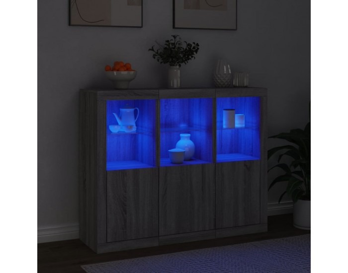 Sonata H Сайдборди с LED осветление, 3 бр, сив сонома, инженерно дърво