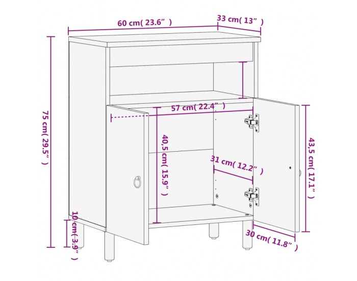 Sonata H Страничен шкаф 60x33x75 см манго масивно дърво
